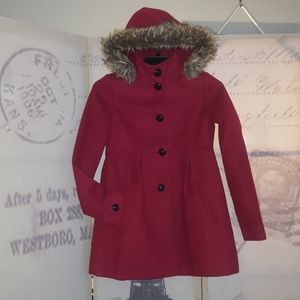 Dark Red Dress Coat with Faux-Fur Hoodie